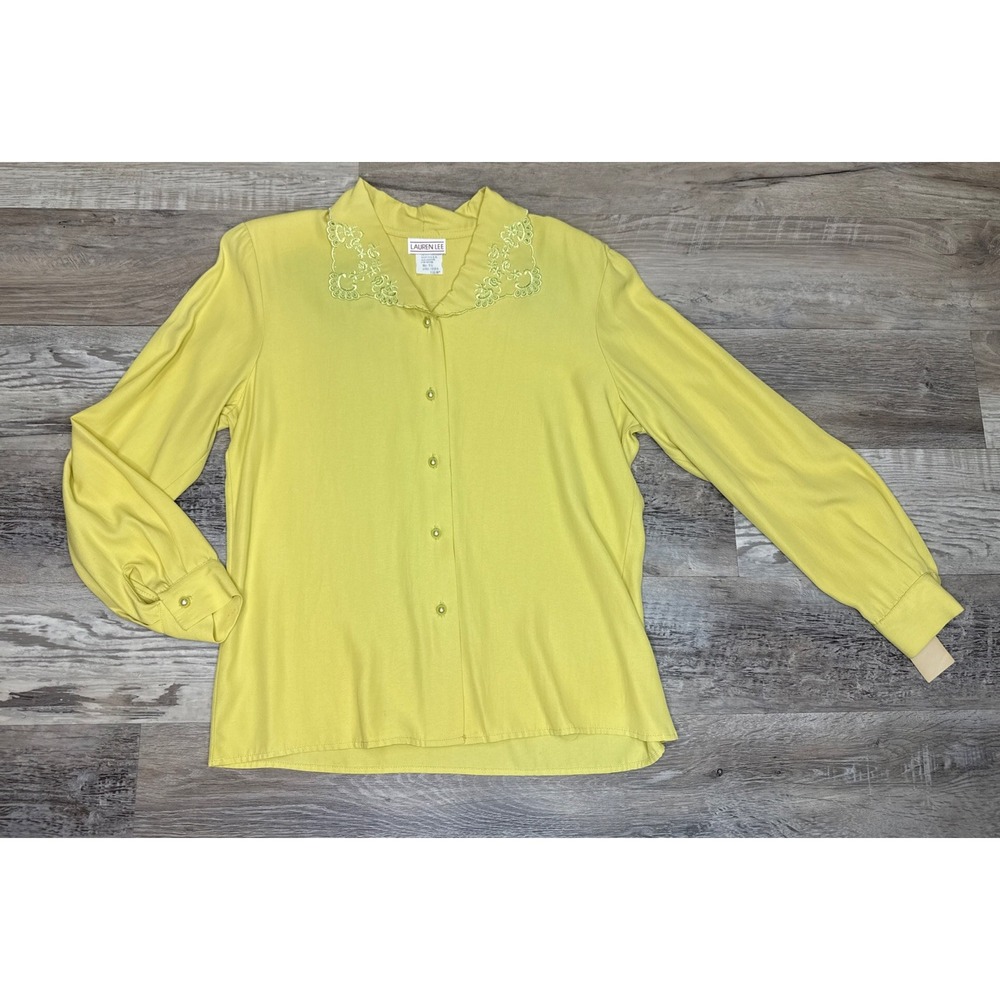VTG Lauren Lee Yellow Embroidered Collar Blouse Shirt Shoulder Pad USA NWT 10